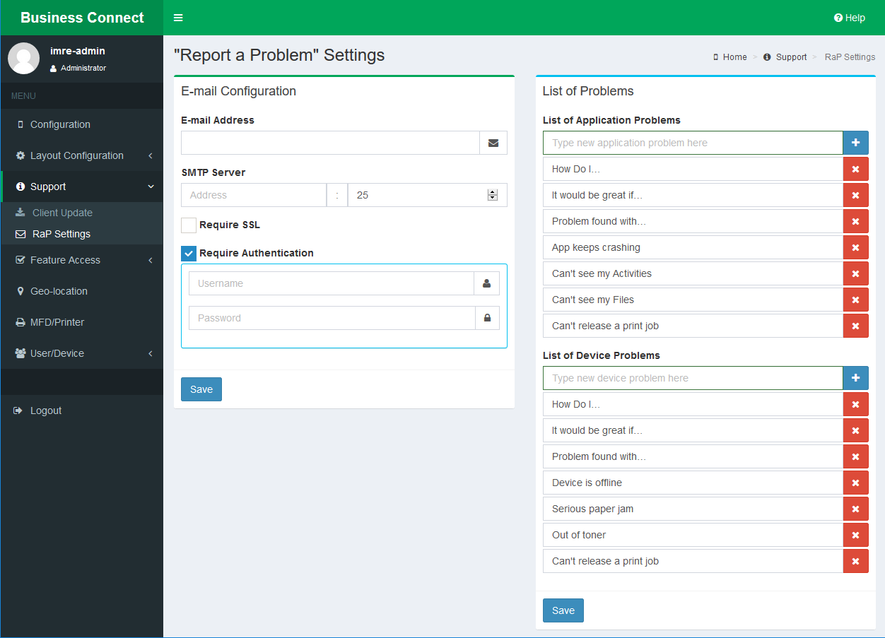 Report a Problem Settings Report a Problem Settings
