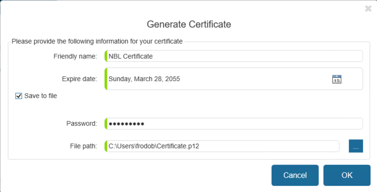 Generate Certificate dialog box