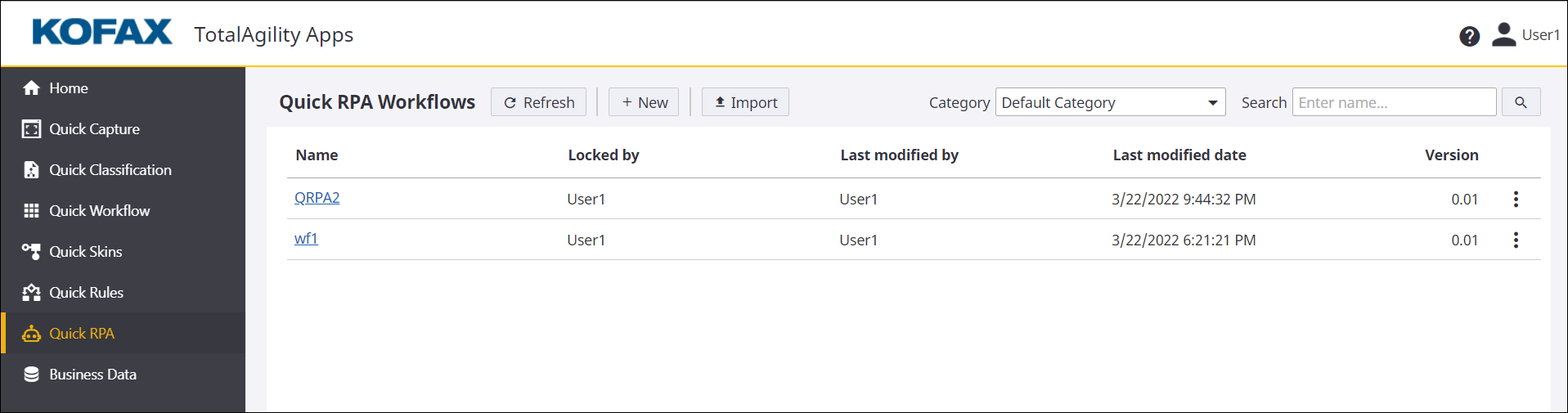 Quick Workflow Home page with existing data
