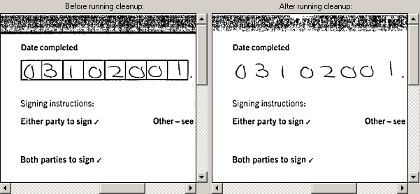 An image that shows an image before and after it is cleaned to remove the boxes around a field. An image that shows an image before and after it is cleaned to remove the boxes around a field.