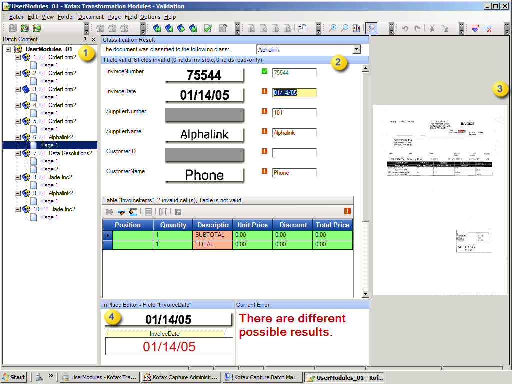 An image showing interface.Kofax Transformation -Validation