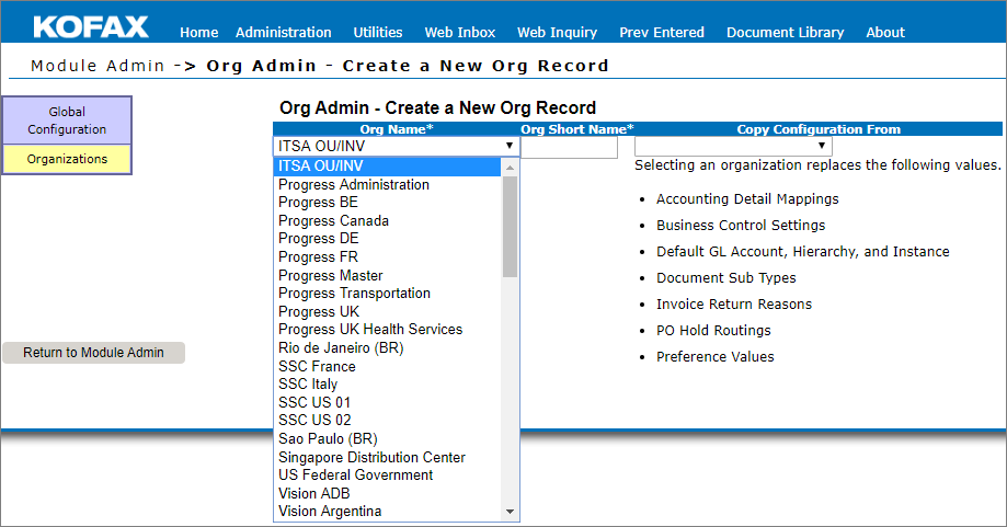 Create a new organization record