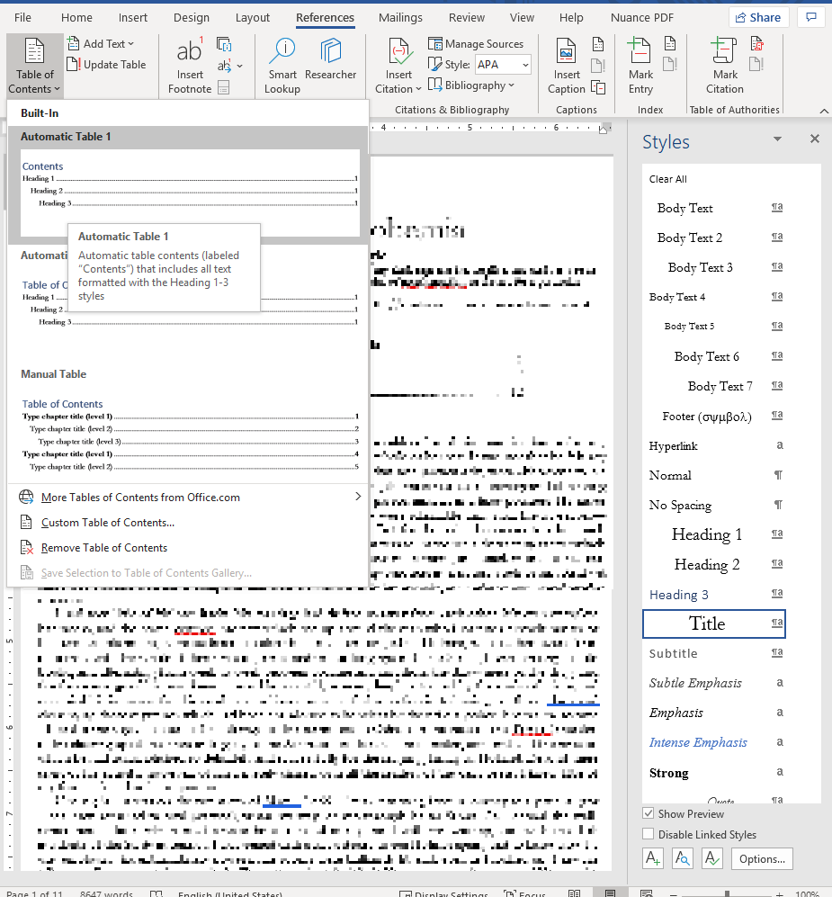 TOC creation with different types