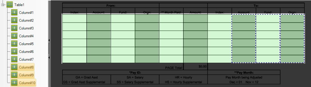 Individual table columns selected in FTE treeview and on page image view