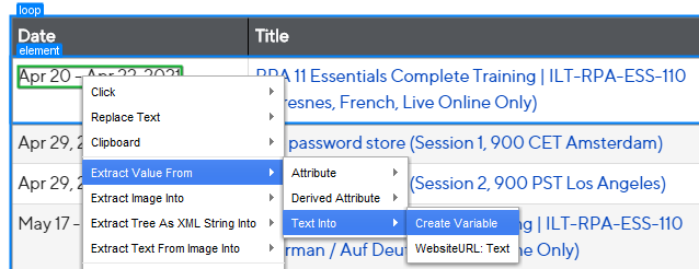 Inserting an action to a loop by right-clicking an element in the Automation Device View Inserting an action to a loop by right-clicking an element in the Automation Device View