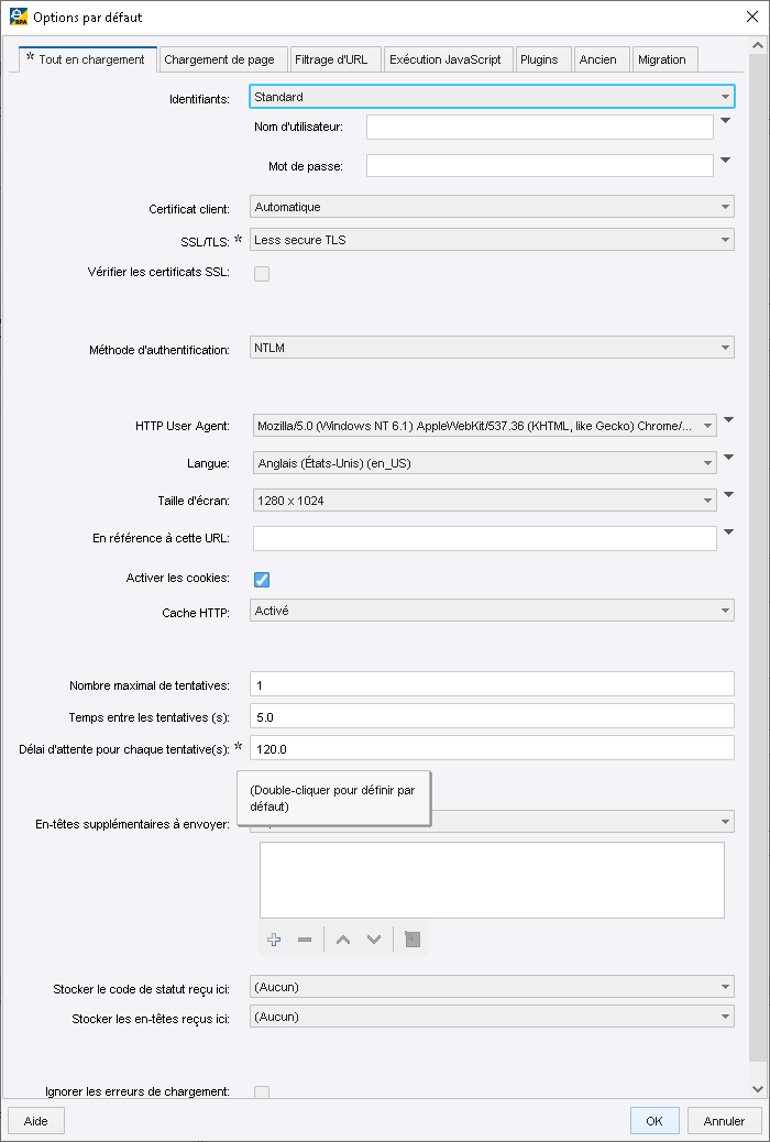 Options par défaut, Tout en chargement