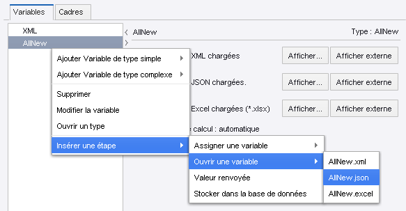 Insertion d'une activité de l'étape Ouvrir une variable à partir de la vue des variables